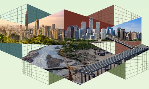 Stylized image of Taipei, Beijing, and a road in Latin America